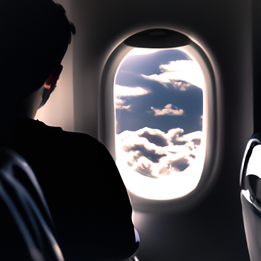 צילום של אדם יושב במושב במטוס עם נוף מהחלון של העננים בחוץ
