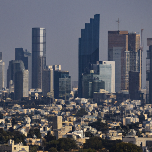 נוף פנורמי של קו הרקיע של תל אביב, המציג שילוב של רבי קומות מודרניים ומבנים היסטוריים.