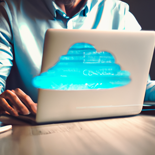 תמונה של בעל עסק המשתמש במחשב נייד כדי לגשת לשירותי מחשוב ענן.