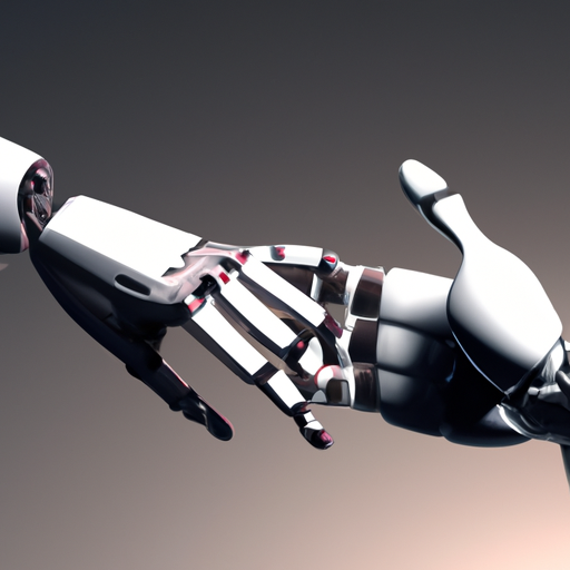 יד רובוטית לוחצת יד אנושית, המייצגת את שיתוף הפעולה בין בינה מלאכותית לכוח העבודה האנושי.