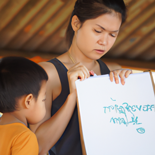 אישה תאילנדית מלמדת ביטויים תאילנדיים בסיסיים לילד