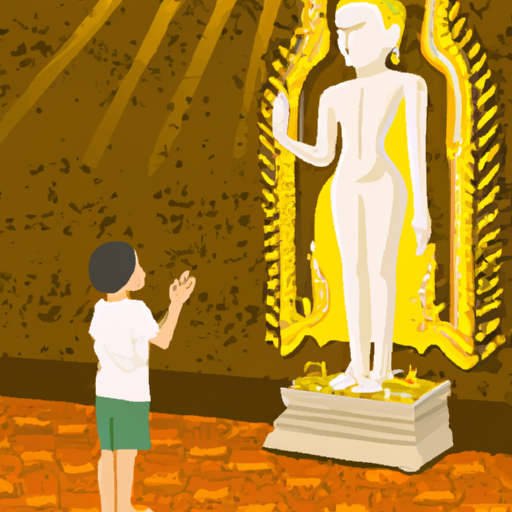 ילד נותן כבוד לפסל בודהה במקדש תאילנדי