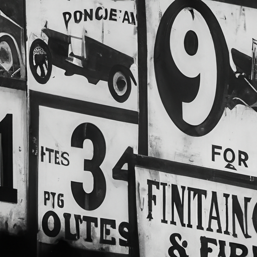 תמונה ישנה בשחור-לבן המראה שלטי מכוניות וינטג' מתחילת המאה ה-20